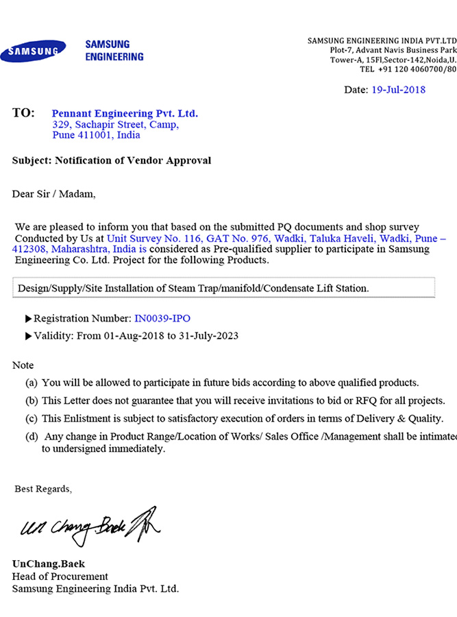 About Pennant 12 certificate samsung